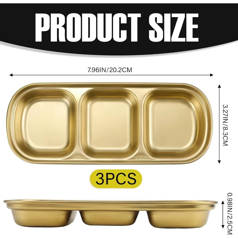3Pcs Stainless Steel Dipping Bowls 3 Compartment Appetizer Serving Tray Soy Sauce Dish for Condiments