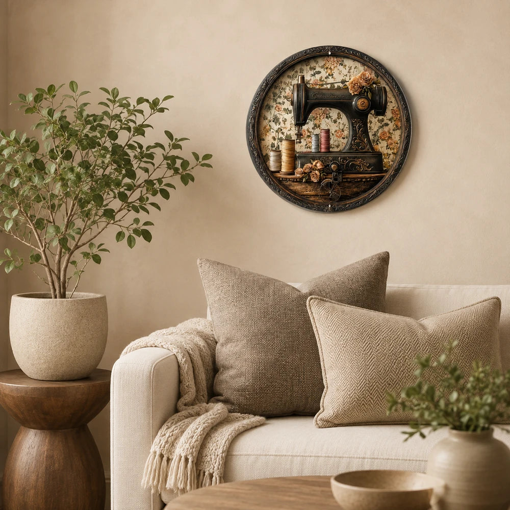 Vintage Sewing Machine Wooden Disc Decor