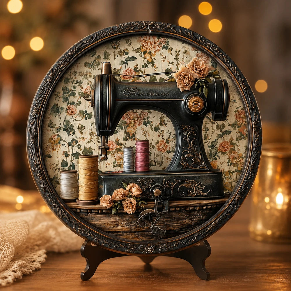 Vintage Sewing Machine Wooden Disc Decor