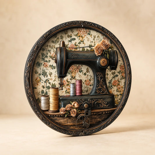 Vintage Sewing Machine Wooden Disc Decor