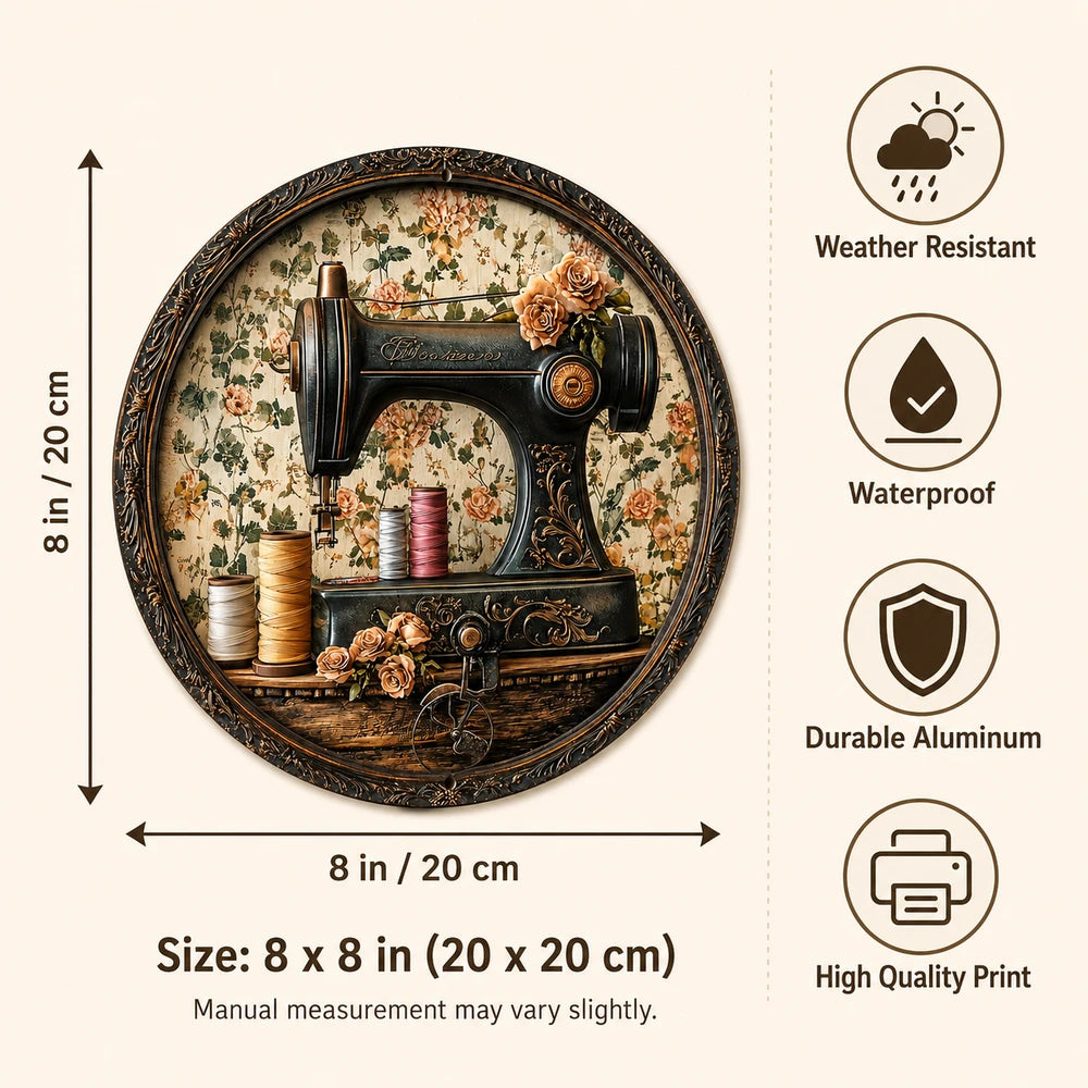 Vintage Sewing Machine Wooden Disc Decor