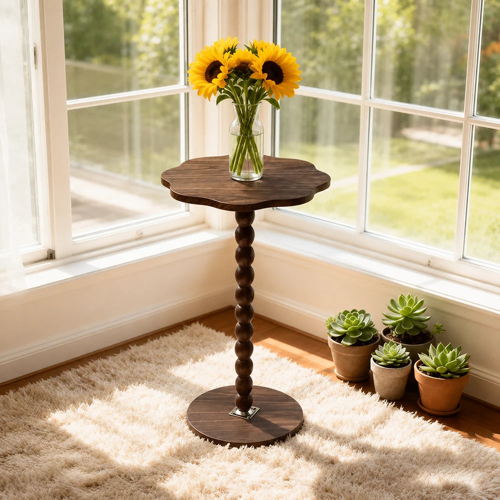 Brown Floral Wood Side Table