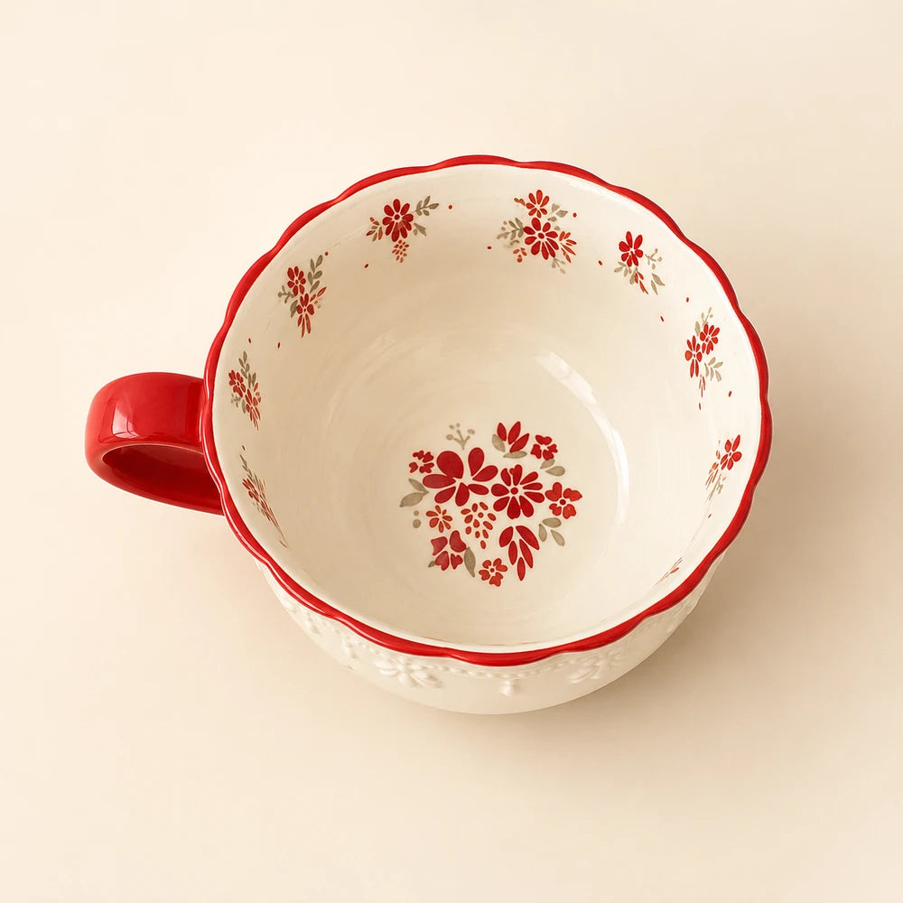 Vintage Red Floral Relief Ceramic Coffee Cup