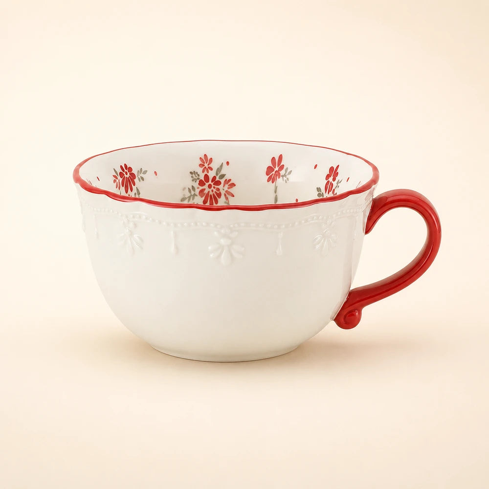 Vintage Red Floral Relief Ceramic Coffee Cup
