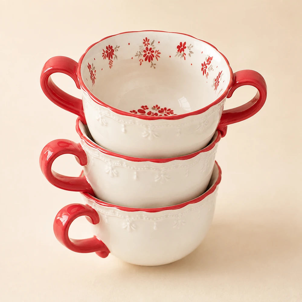 Vintage Red Floral Relief Ceramic Coffee Cup