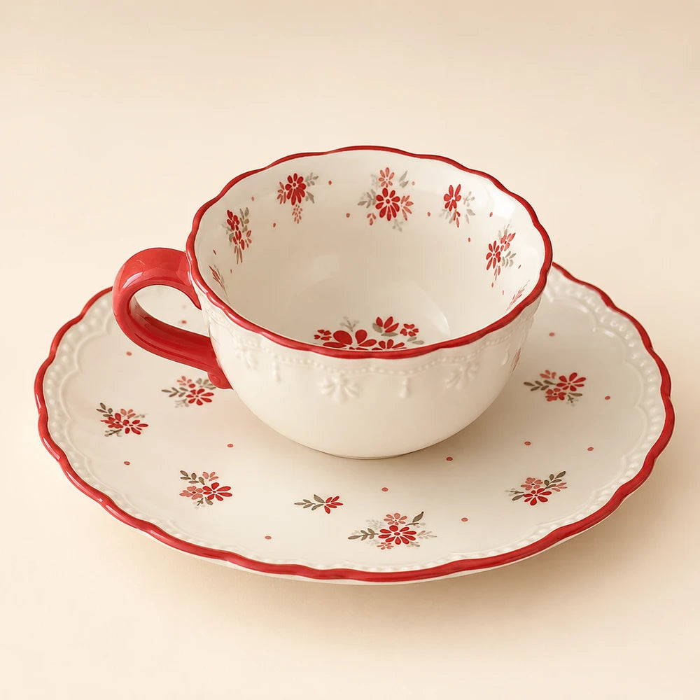 Vintage Red Floral Relief Ceramic Coffee Cup