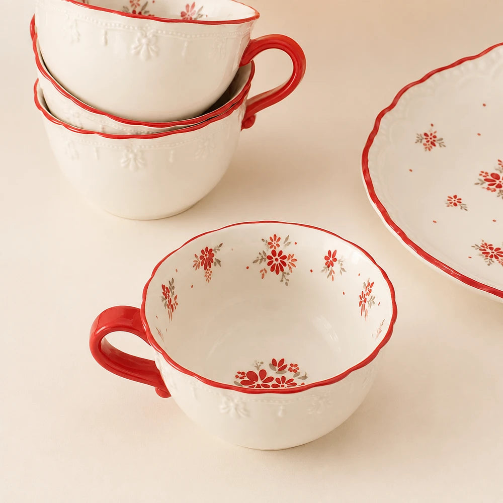 Vintage Red Floral Relief Ceramic Coffee Cup