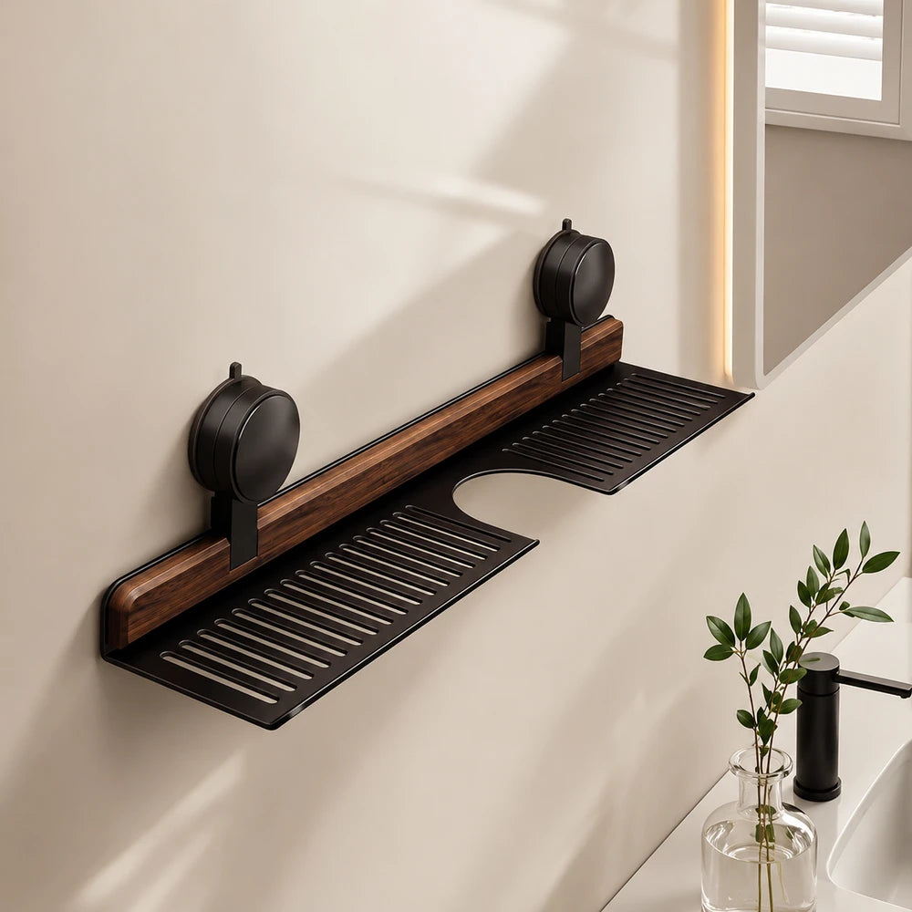 Walnut Suction Cup Bathroom Shelf