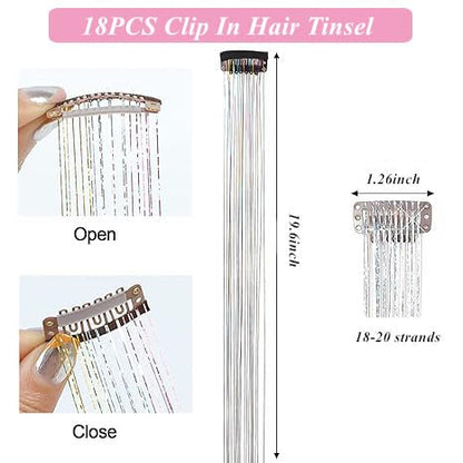 Pack of 18 Pcs Hair Tinsel Clip in 19.6Inch Glitter Tinsel Hair Extensions Heat Resistant Clip in Hair Tinsel Sparkle