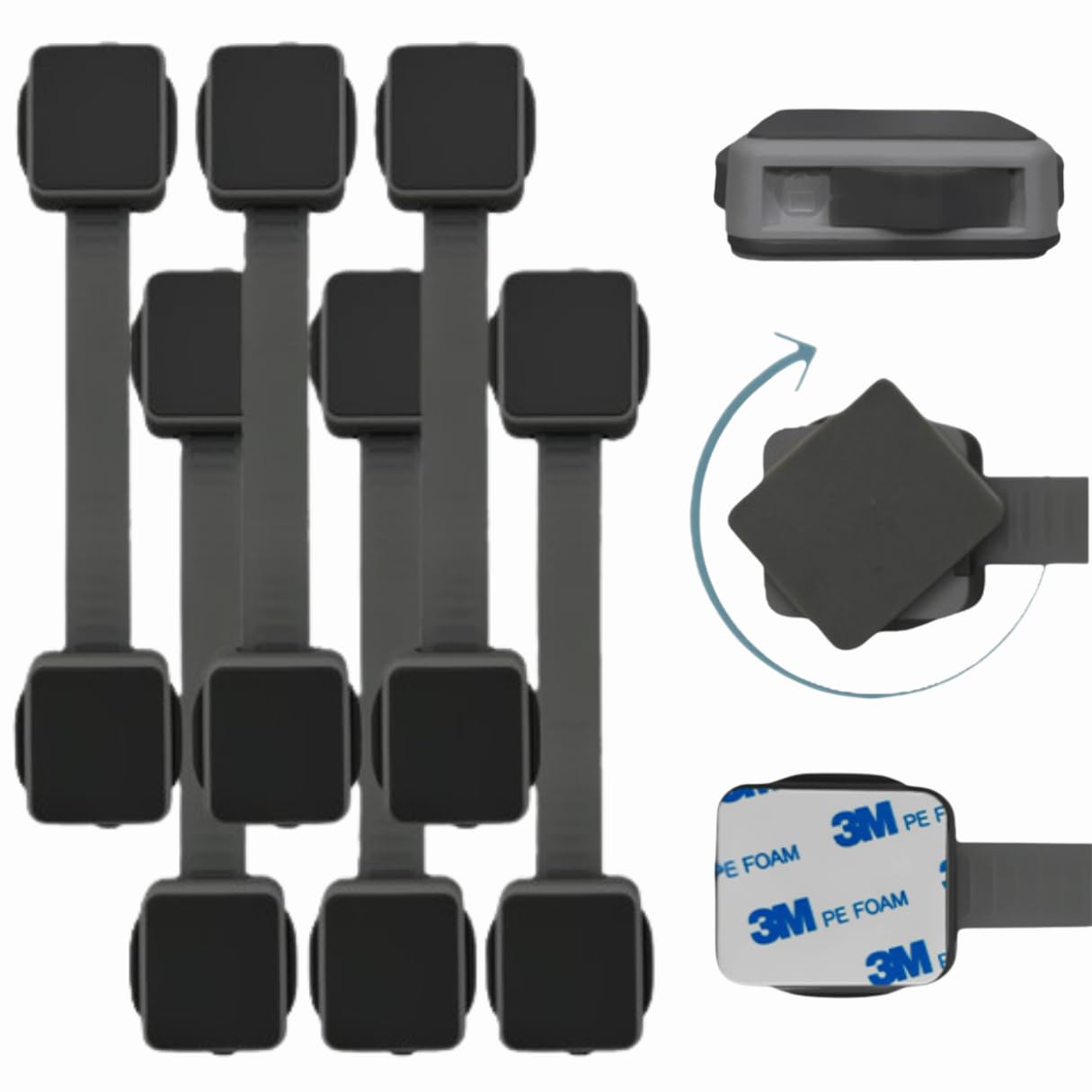 6 Pack Black Child Proof Cabinet Locks No Drilling Easy Installation Adjustable & Reusable