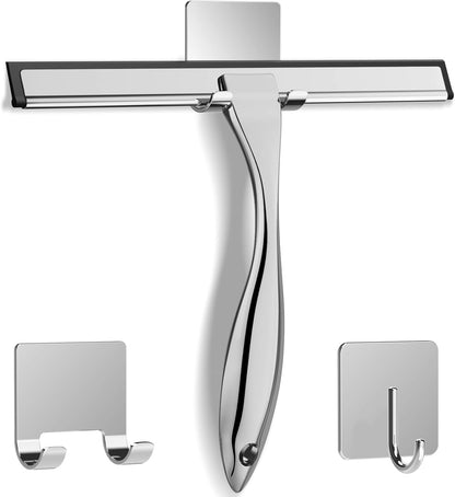 Stainless Steel Shower Squeegee for Shower Glass Door with 2 Adhesive Hooks Bathroom Cleaner Tool Household