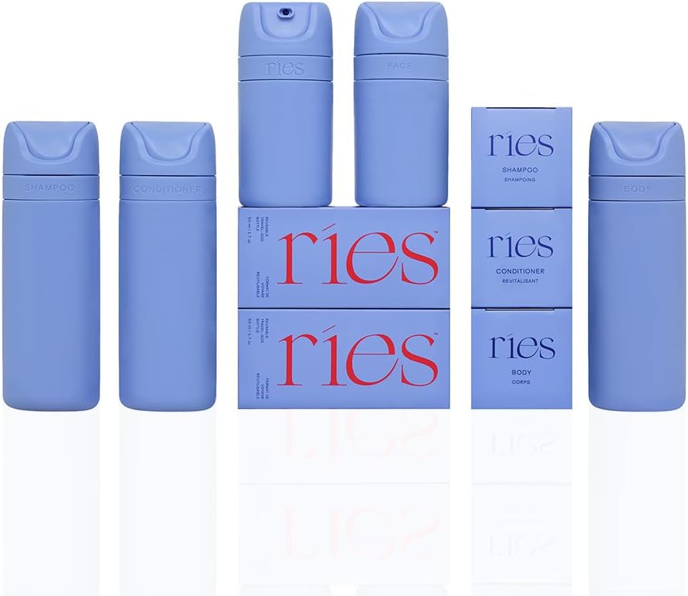 Refillable Toiletry Travel Bottles Set of 5 (3.4oz & 1.7oz) Airless Pump Containers for Shampoo Conditioner