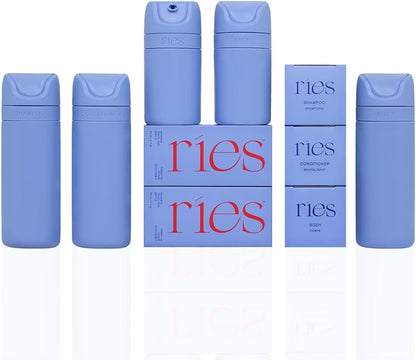 Refillable Toiletry Travel Bottles Set of 5 (3.4oz & 1.7oz) Airless Pump Containers for Shampoo Conditioner