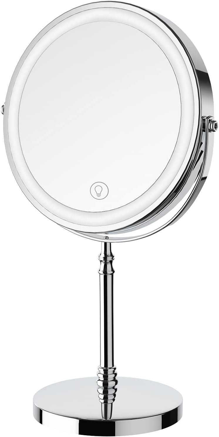 3000 mAh Rechargeable Double Sided Magnifying Vanity Mirror with 3 Colors 1x/10x, 360° Rotation , Brightness Adjustable