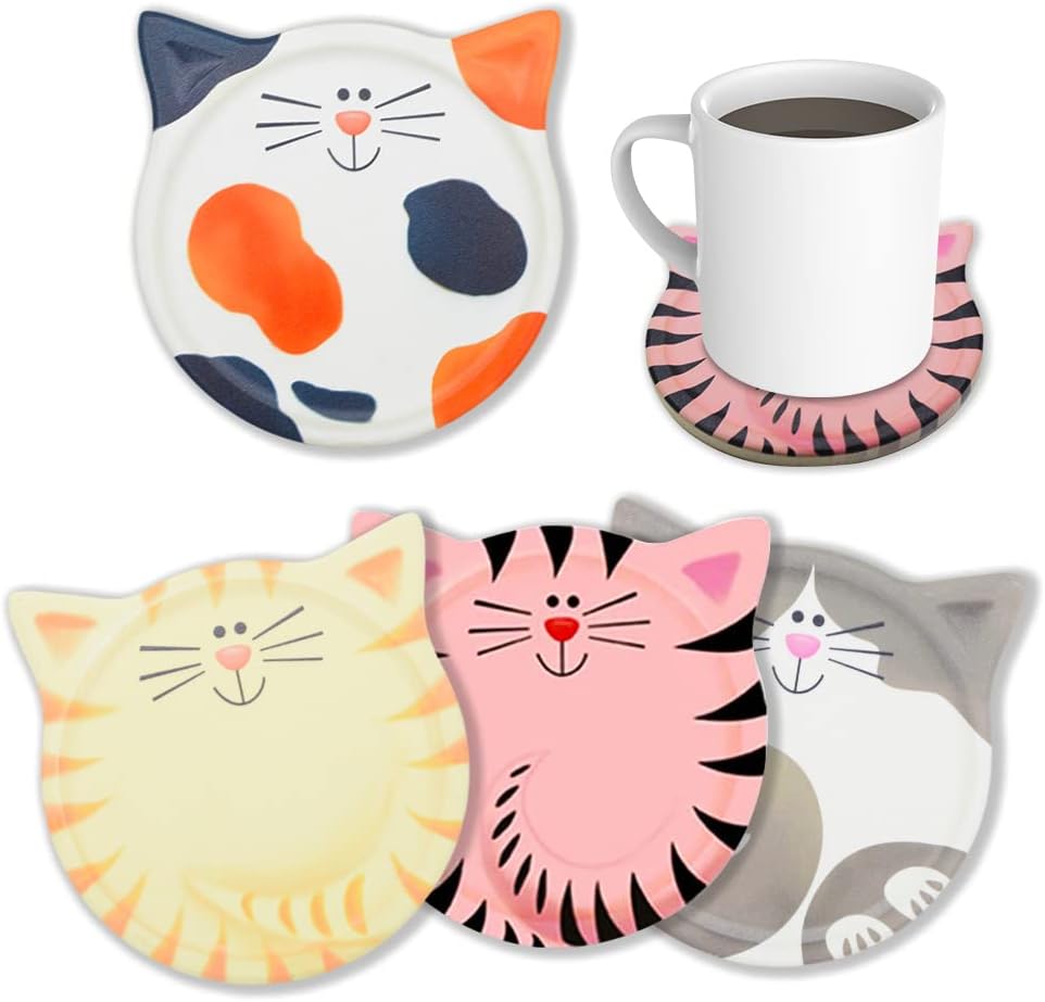 Cat Themed Absorbent Ceramic Drink Coasters for Cat Lovers Decor Birthday, Christmas