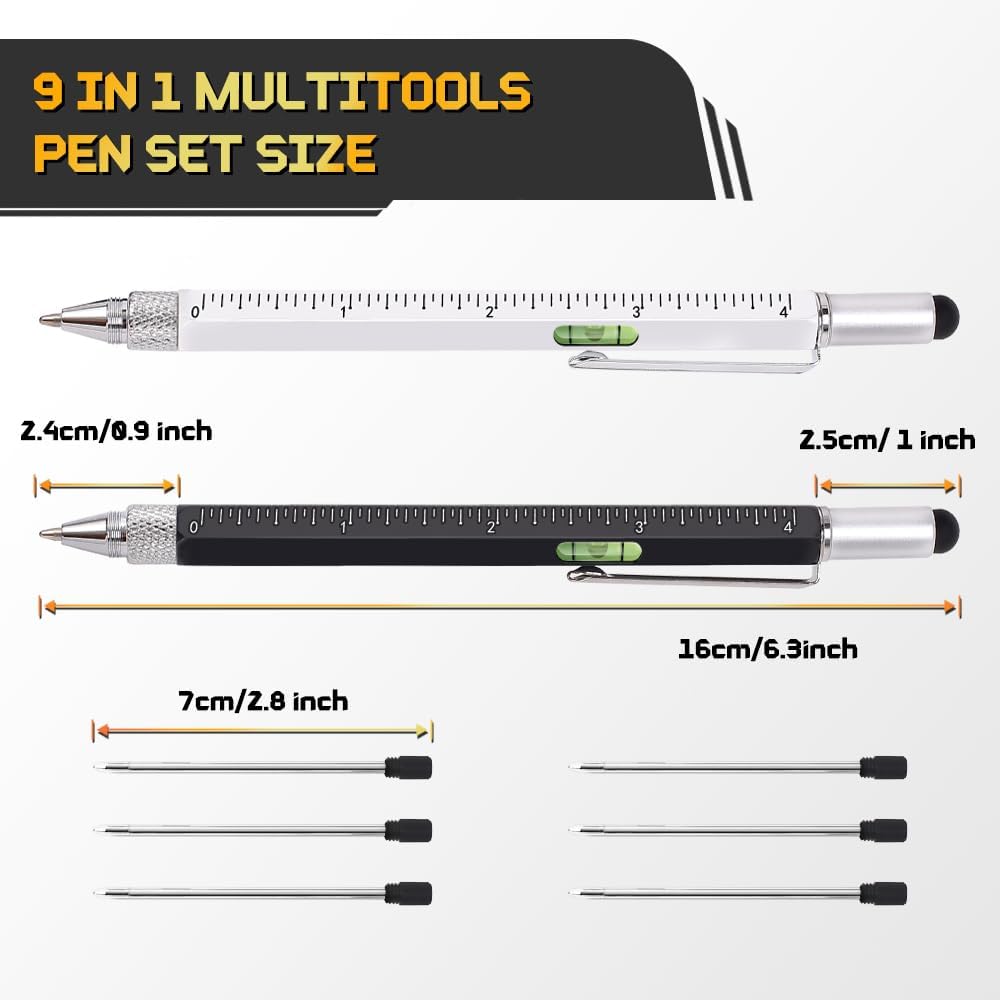 9 in 1 Multitool Pen 2Pcs and Refill 6Pcs Unique Tech Tool Pen from Wife Daughter to Father Boyfriend Husband on Christmas Birthday