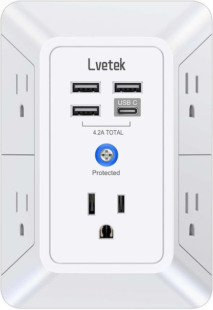 Wall Outlets with 4 USB Charging Ports 1 USB C Outlet 3 Sided 1680J Surge Protector Power Strip USB Wall Charger for Home Office
