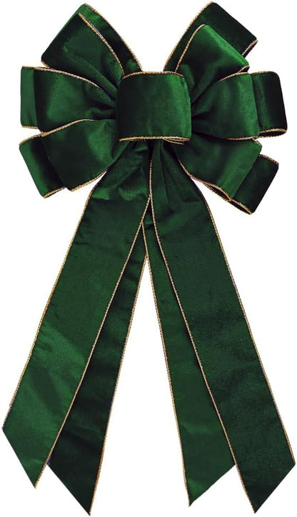 Green Wreath Bow  20 * 11 Inch Golden Edged Velvet Tree Topper Ornament for Xmas Winter Home