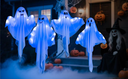 4 Pack 27.5" Light Up Spooky Floating Ghosts with Blue LED Outdoor & Indoor Haunted House Porch Yard