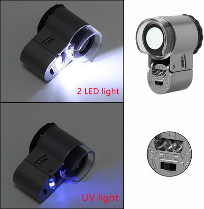 Mini Pocket Magnifier Portable Microscope Magnifying Glass with LED UV Lights Jewelers Loupe