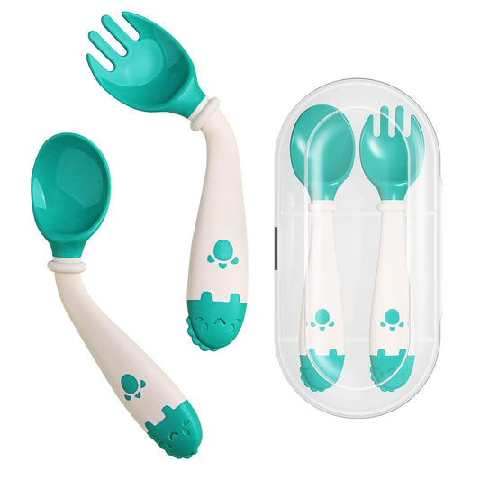 Self feeding Flatware Set with Travel Case Baby Spoons and Forks with Silicone Bendable Handle Easy Grip Heat-Resistant