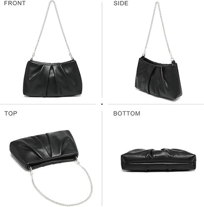 Pleated Evening Bag Soft Vegan Leather Clutch Purse Dressy Formal Handbag with 2 Chain Straps