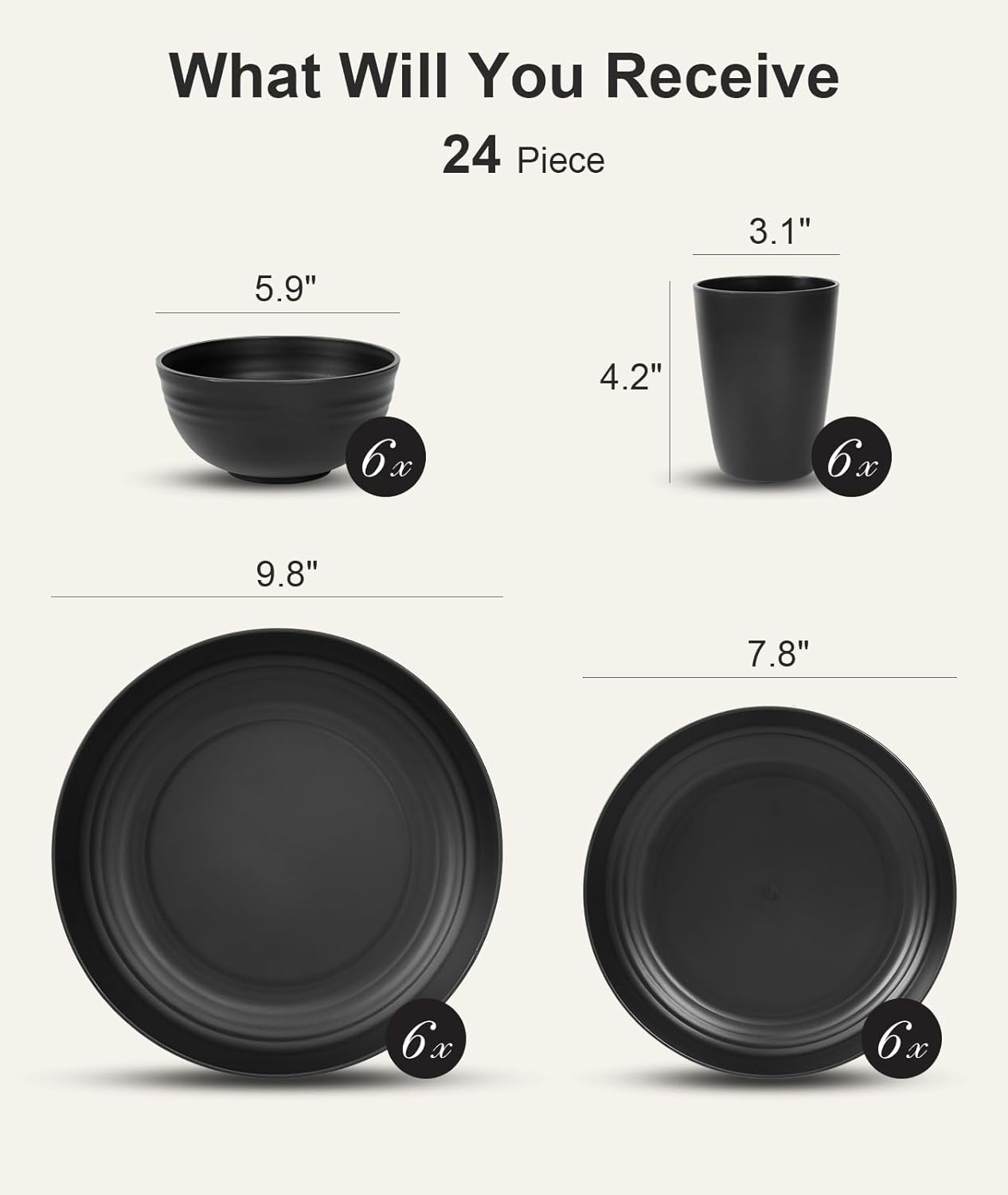 24 Piece Plates and Bowls Sets for 6 Unbreakable Dinnerware Sets Plastic Dish Set for Camping Dishwasher Microwave Safe