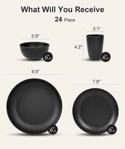24 Piece Plates and Bowls Sets for 6 Unbreakable Dinnerware Sets Plastic Dish Set for Camping Dishwasher Microwave Safe