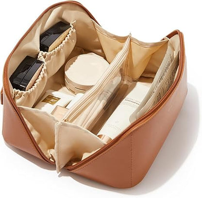 Large Capacity Cosmetic Bag for Women Waterproof PU Leather Flat Open Portable Toiletry Bag for Skincare