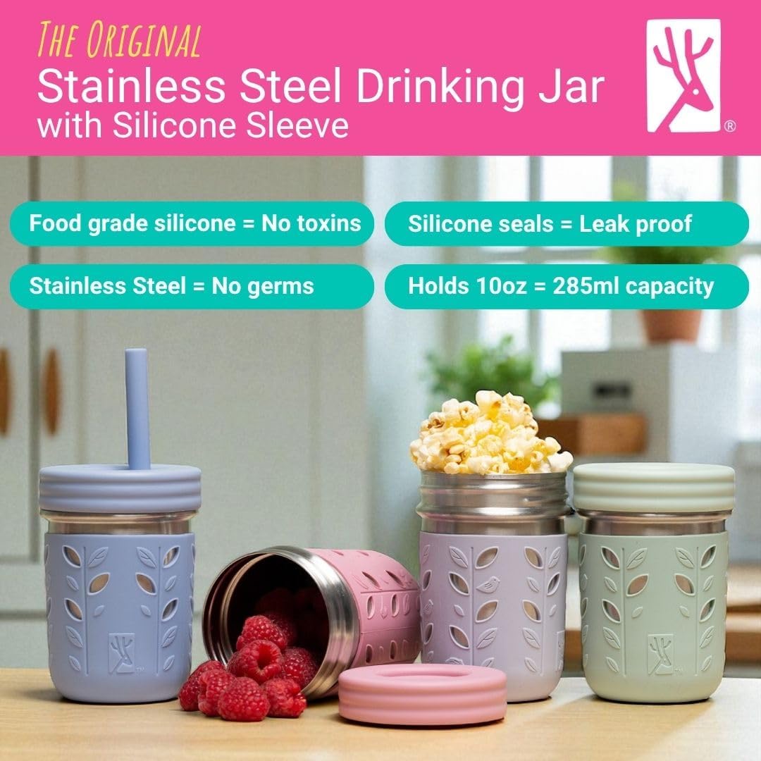 10oz Stainless Steel Kids + Toddler Drinking Cups The Original Mason Jar with Sleeves + Lids Silicone Straws Smoothies