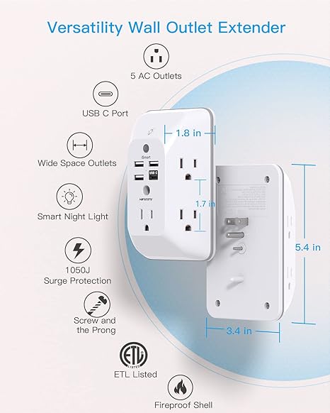 Multi Plug Outlet USB Wall Charger Surge Protector 4 USB Ports 1 USB C Power Strip Electrical Outlet