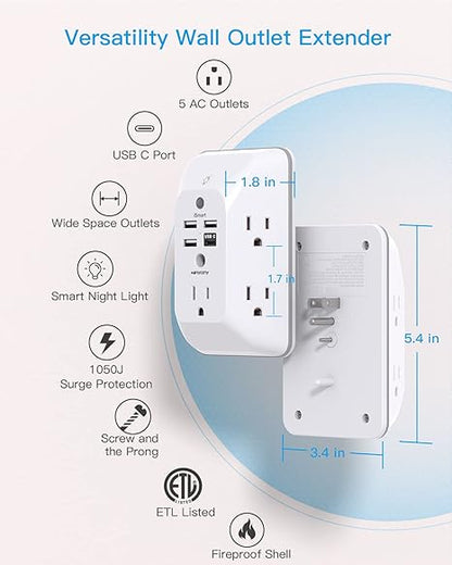 Multi Plug Outlet USB Wall Charger Surge Protector 4 USB Ports 1 USB C Power Strip Electrical Outlet