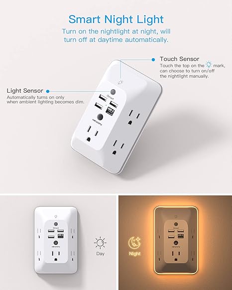 Multi Plug Outlet USB Wall Charger Surge Protector 4 USB Ports 1 USB C Power Strip Electrical Outlet