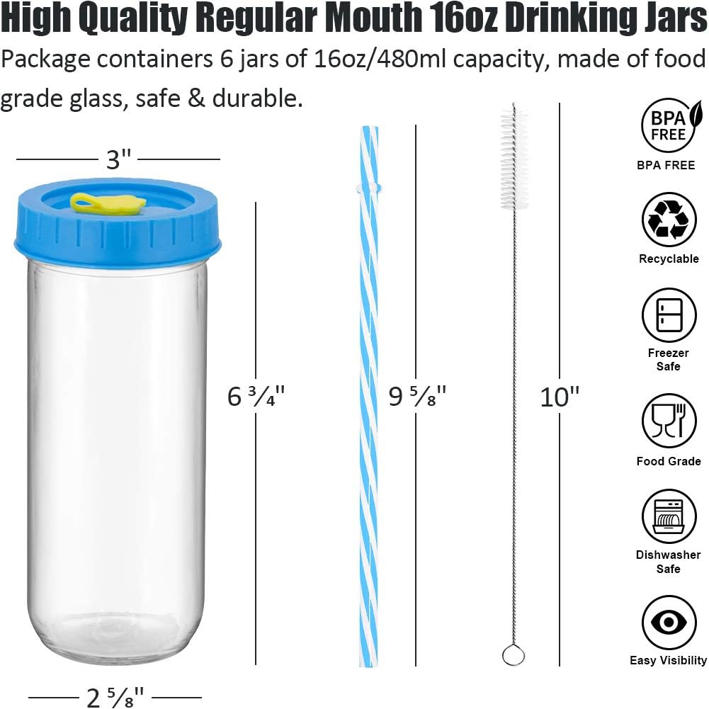 Travel Drinking Jars 6 Pack 16oz Mason Jars Regular Mouth Beverage Bottle with Airtight Lids &Straws