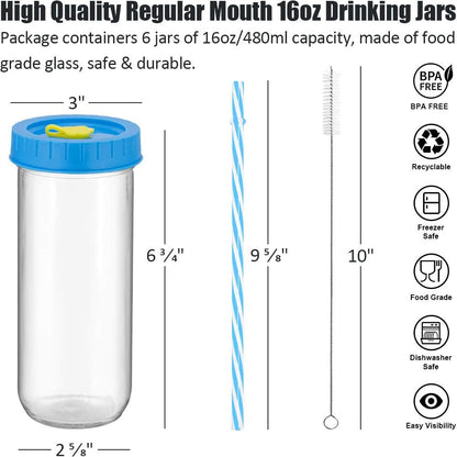 Travel Drinking Jars 6 Pack 16oz Mason Jars Regular Mouth Beverage Bottle with Airtight Lids &Straws