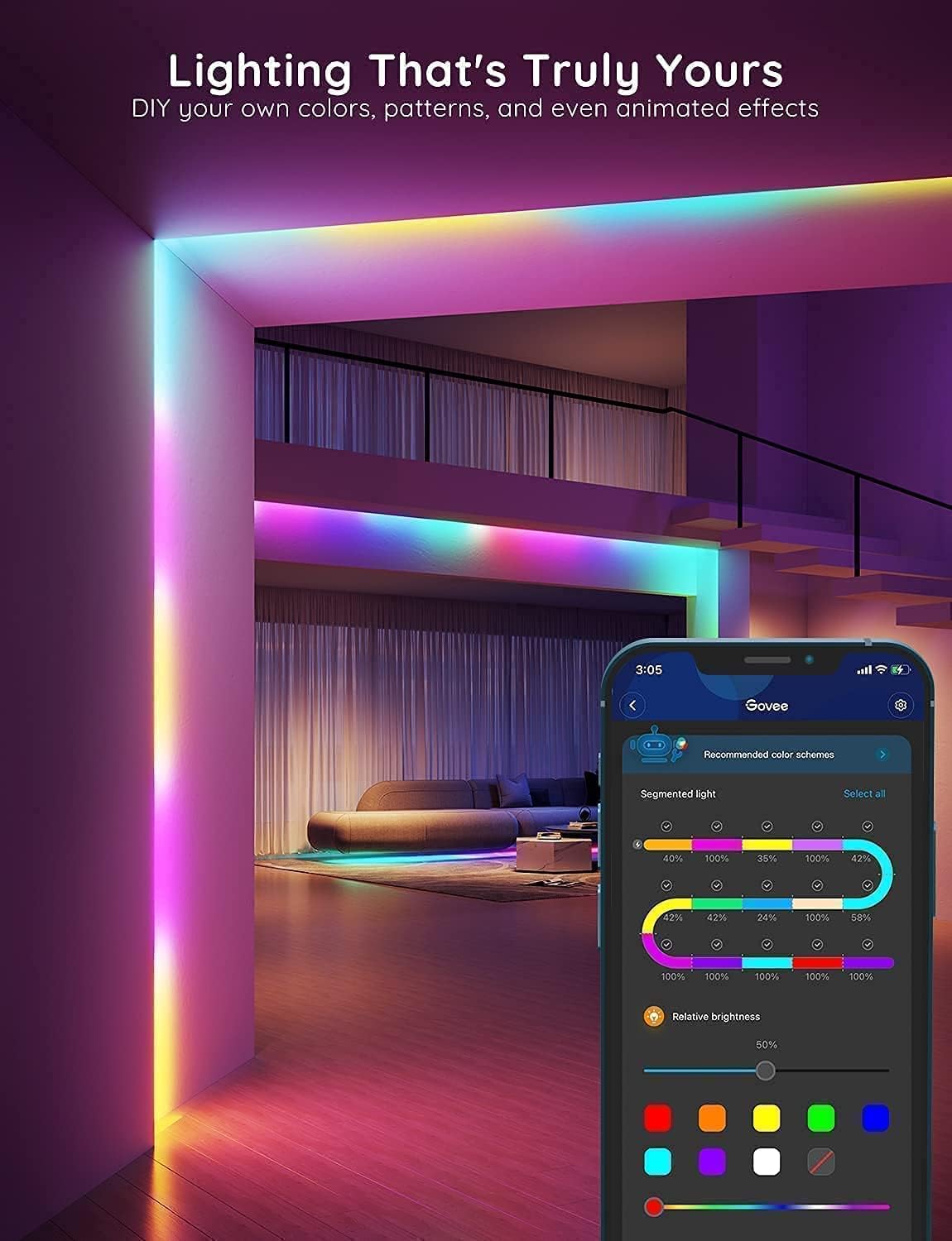 100ft RGBIC LED Strip Lights Smart LED Lights Work with Alexa and Google Assistant LED Lights for Bedroom