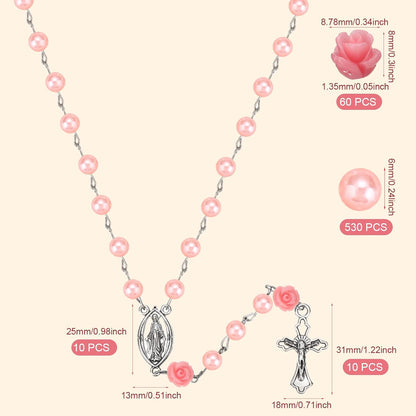 610 Pcs Pearl Beads Carved Rose Cross Centerpiece Crucifix Medal, Rosary Making Supplies Silver