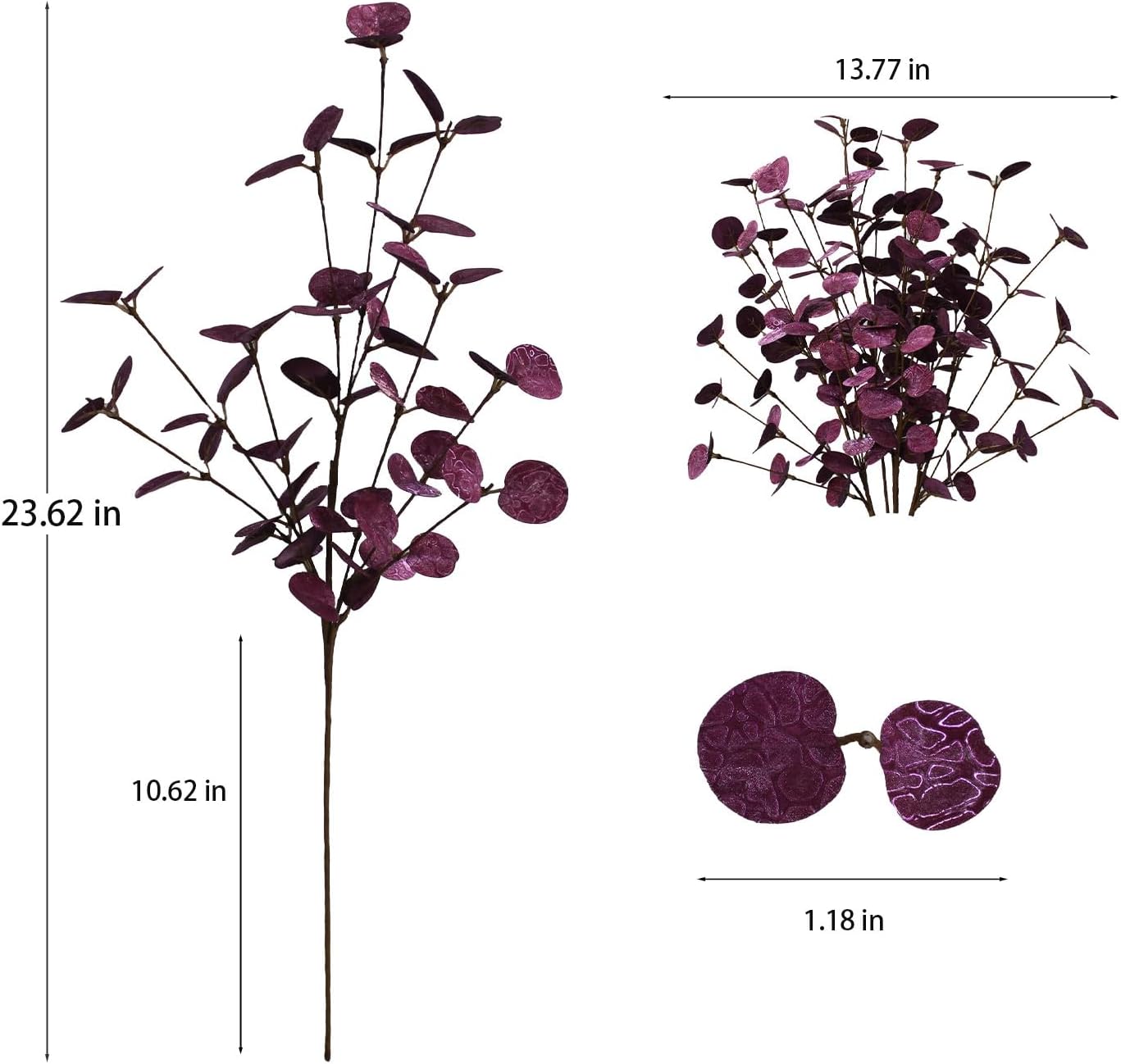 24" Purple Artificial Eucalyptus Stems Metallic Faux Eucalyptus Leaves for Halloween Decor, Fall Vase