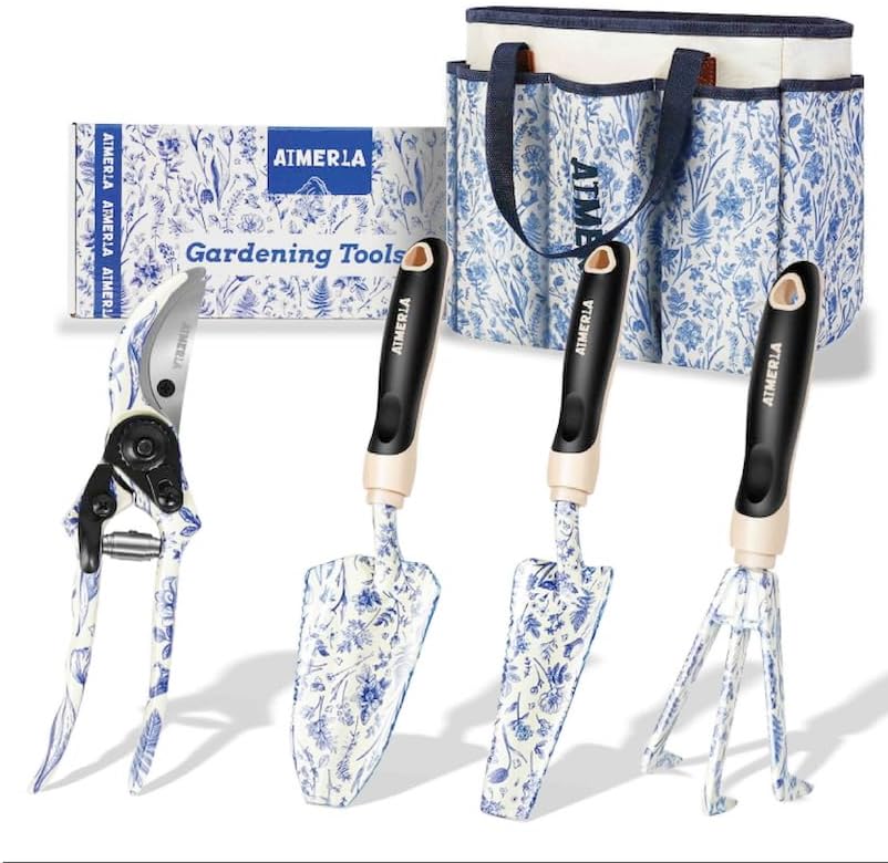 Gardening Tool Set of 5 Heavy Duty Aluminum Garden Tools with Non-Slip Rubber Grip Fashion Garden Bag