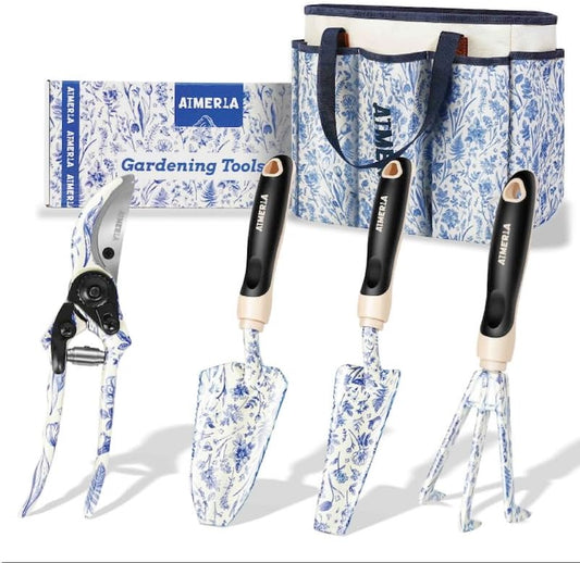 Gardening Tool Set of 5 Heavy Duty Aluminum Garden Tools with Non-Slip Rubber Grip Fashion Garden Bag