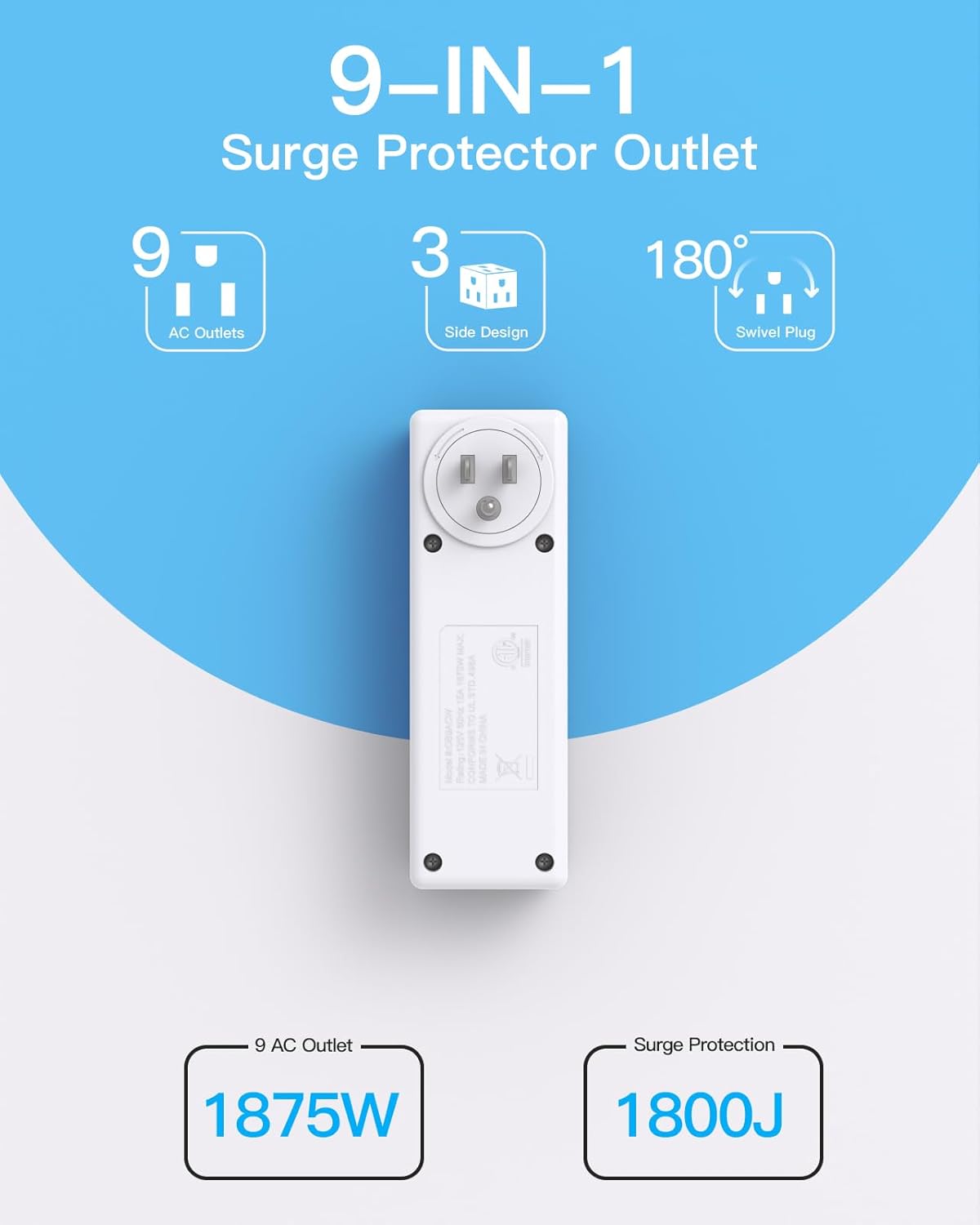 Outlet Extender with Rotating Plug, 9 AC Multi Plug Wall Outlet Expander, 1800J Wall Charger, 3-Sided Power Strip