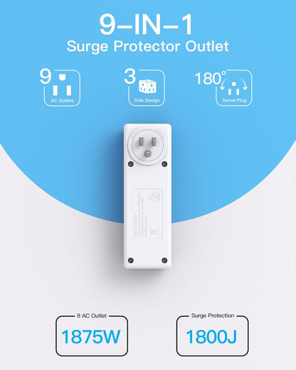 Outlet Extender with Rotating Plug, 9 AC Multi Plug Wall Outlet Expander, 1800J Wall Charger, 3-Sided Power Strip