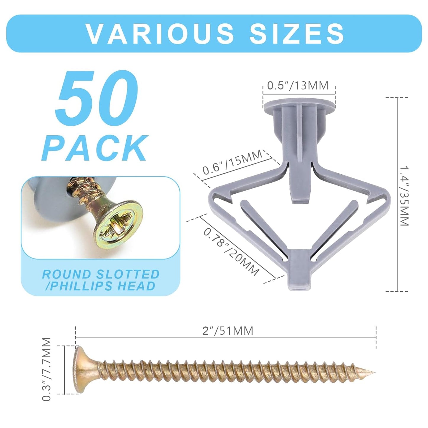 Wall Anchors One Size  65Lbs Anchors 50pcs+Screw 50pcs Drywall Anchor kit with Screws Self-Drilling Hollow Wall Anchors Grey