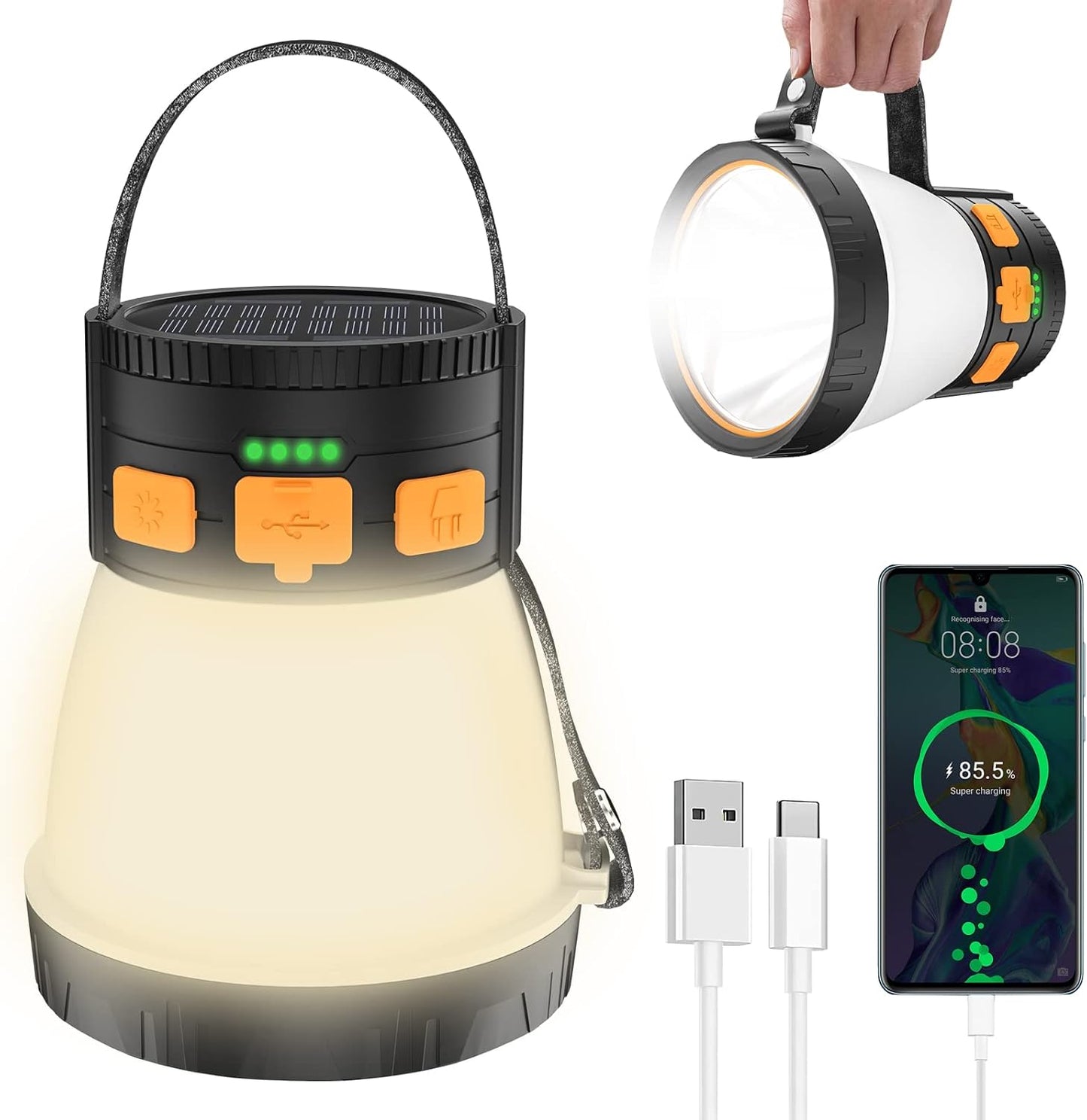 1500 Lumens Camping Lantern Rechargeable with Solar Panel Charging Waterproof 8 Light Modes