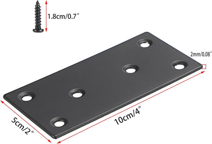 12Pcs Stainless Steel Flat Plates with Screws,4x2 Inch Sturdy Metal Flat Straight Brace Bracket, Black Metal Brace