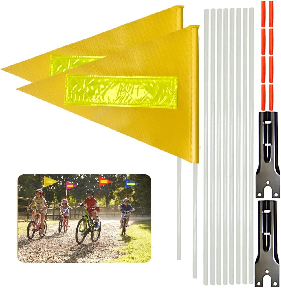 2 Pcs Bike Safety Flag with Poles Yellow Reflective Strip Flag Adjustable Height Fiberglass Pole Safety Sign