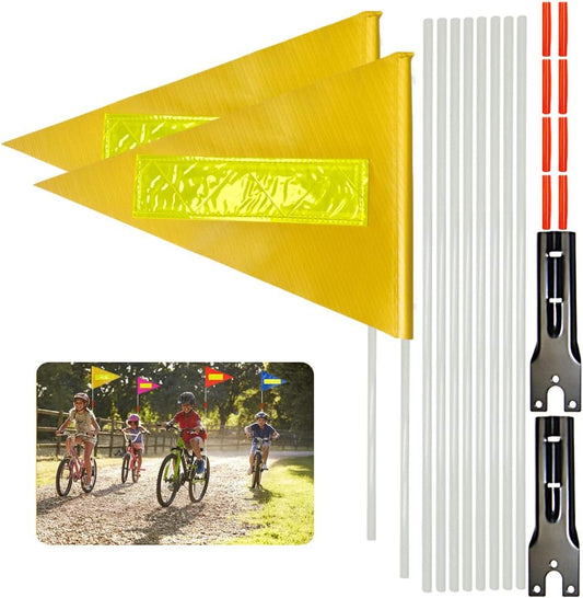 2 Pcs Bike Safety Flag with Poles Yellow Reflective Strip Flag Adjustable Height Fiberglass Pole Safety Sign