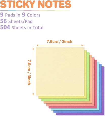 3x3 Inches Colorful Sticky Notes Super Sticking Power Bright Colors Self-Stick Pads Easy to Post for School