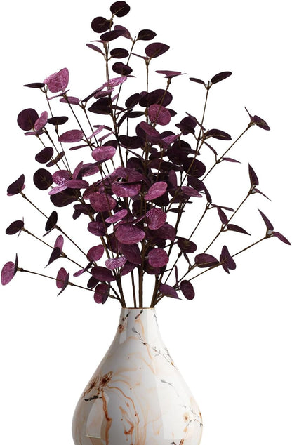 24" Purple Artificial Eucalyptus Stems Metallic Faux Eucalyptus Leaves for Halloween Decor, Fall Vase
