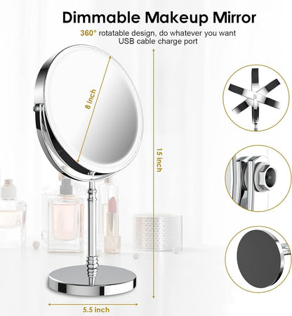 3000 mAh Rechargeable Double Sided Magnifying Vanity Mirror with 3 Colors 1x/10x, 360° Rotation , Brightness Adjustable